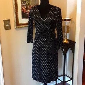 Ann Taylor Loft black tan polka dot wrap dress Grograin ribbon ties size 4 EUC…